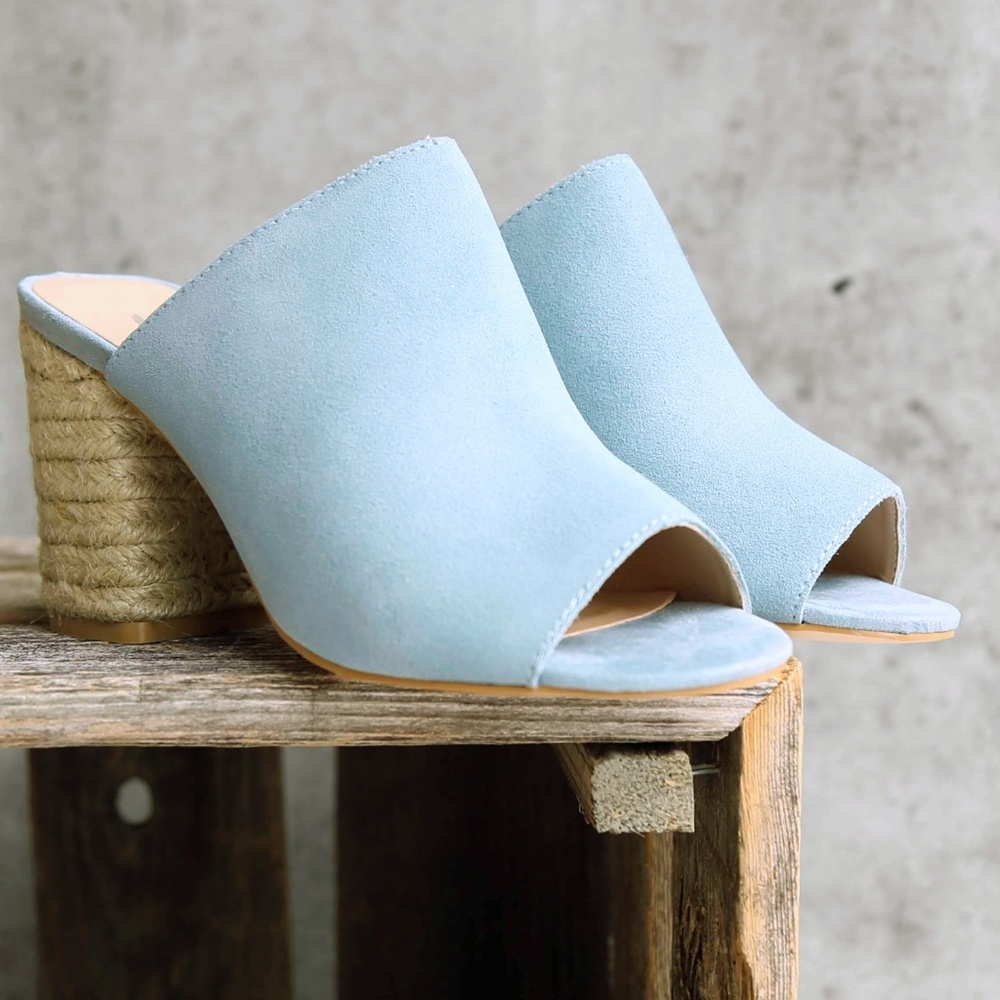 Suede Open-Toe Mule Heels in Light Blue & Bonus NWT Clutch/Makeup Bag